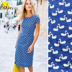 Boden Blue Swan-Print Midi Dress